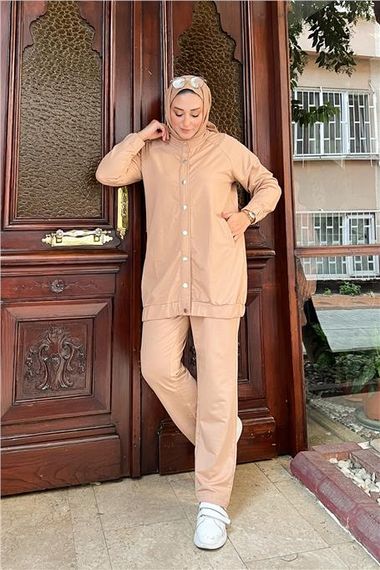 بدلة رياضية أساسية مزدوجة مع جيوب جانبية - بيج - AK06006.12009 - صورة 4