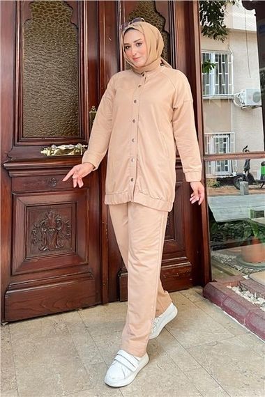 بدلة رياضية أساسية مزدوجة مع جيوب جانبية - بيج - AK06006.12009 - صورة 1