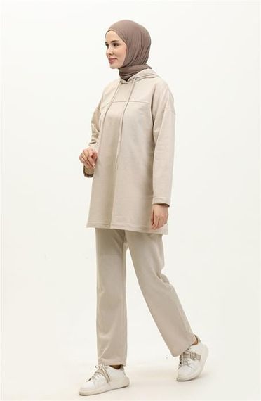 Спортивний комплект з капюшоном, простий базовий, кольорів екрю, для всіх сезонів, 80% бавовна, 20% поліестер - фото 2