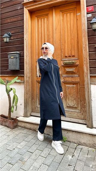 Zippered Long Tunic Trousers Sports Double Suit - 03058 - Navy Blue - photo 4