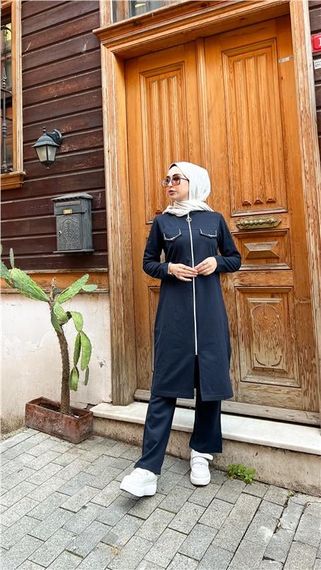 Zippered Long Tunic Trousers Sports Double Suit - 03058 - Navy Blue - photo 1