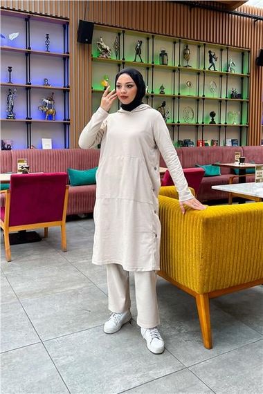 بدلة رياضية مزدوجة بغطاء للرأس وبنطلون وسترة طويلة أساسية وبنطلون - 03071 - إكرو - صورة 4