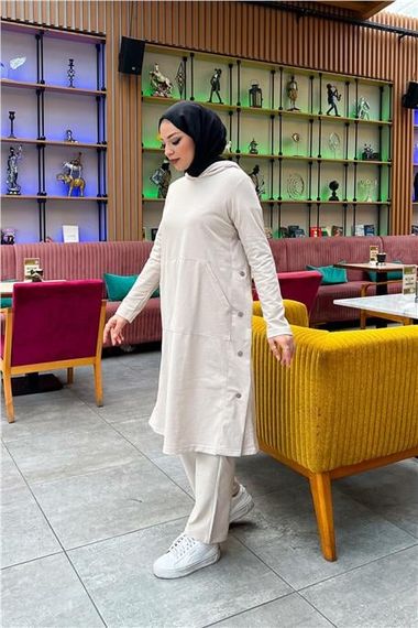 بدلة رياضية مزدوجة بغطاء للرأس وبنطلون وسترة طويلة أساسية وبنطلون - 03071 - إكرو - صورة 5