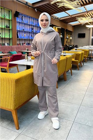 Hooded Zippered Waist Tied Plain Basic 2-piece Sports Set - 03070 - Mink - photo 1