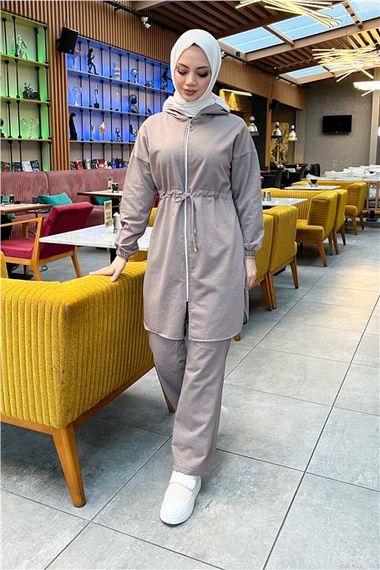 Hooded Zippered Waist Tied Plain Basic 2-piece Sports Set - 03070 - Mink - photo 2