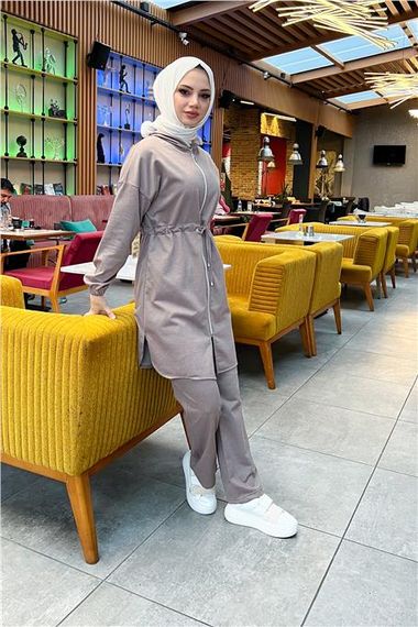 Hooded Zippered Waist Tied Plain Basic 2-piece Sports Set - 03070 - Mink - photo 3