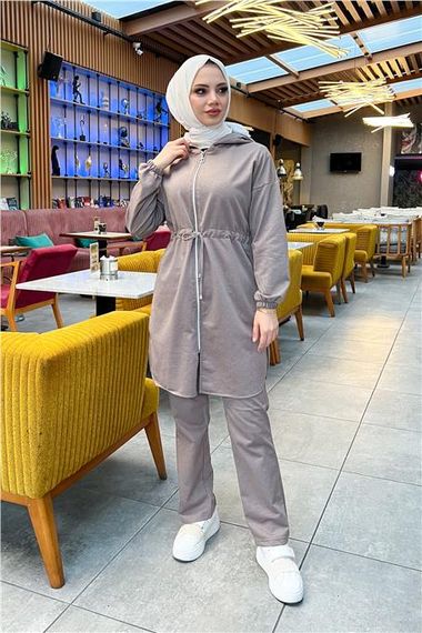 Hooded Zippered Waist Tied Plain Basic 2-piece Sports Set - 03070 - Mink - photo 4