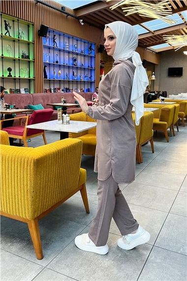 Hooded Zippered Waist Tied Plain Basic 2-piece Sports Set - 03070 - Mink - photo 5