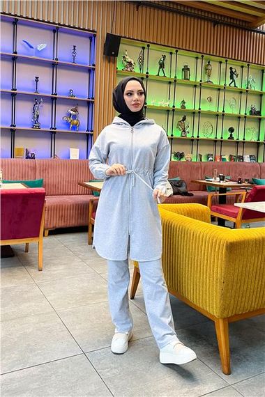Kapşonlu Fermuarlı Belden Bağlamalı Sade Basic İkili Spor Takımı - 03070 - Gri - fotoğraf 4