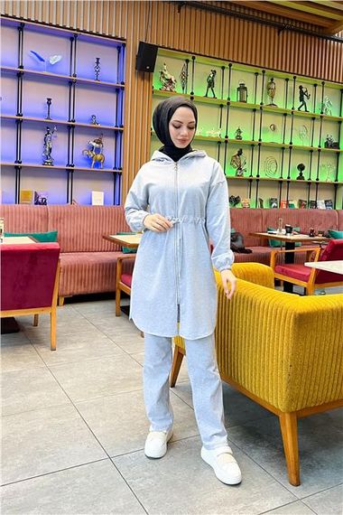 Kapşonlu Fermuarlı Belden Bağlamalı Sade Basic İkili Spor Takımı - 03070 - Gri - fotoğraf 3