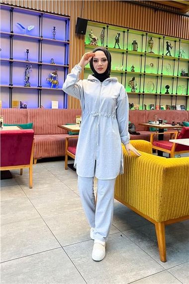 Kapşonlu Fermuarlı Belden Bağlamalı Sade Basic İkili Spor Takımı - 03070 - Gri - fotoğraf 2