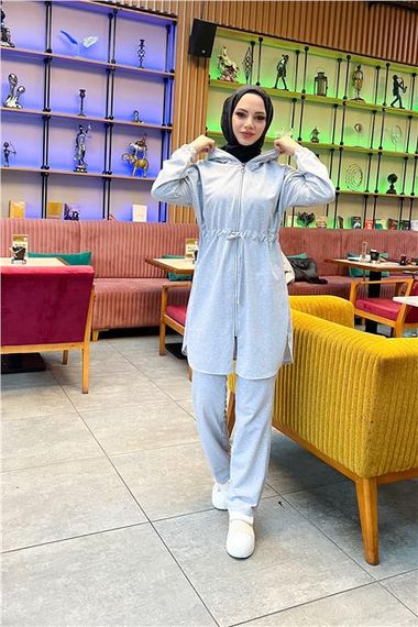 Kapşonlu Fermuarlı Belden Bağlamalı Sade Basic İkili Spor Takımı - 03070 - Gri - fotoğraf 1