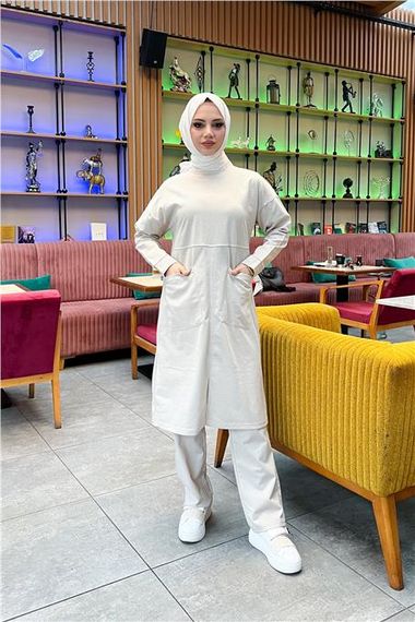 طقم بنطال تونيك طويل سادة أساسي رياضي مزدوج مع جيبين أماميين - 03067 - إكرو - صورة 1