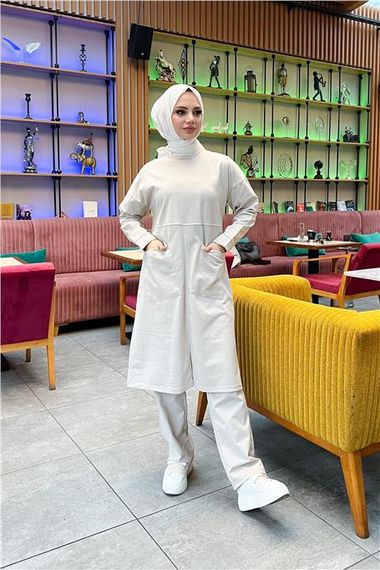 طقم بنطال تونيك طويل سادة أساسي رياضي مزدوج مع جيبين أماميين - 03067 - إكرو - صورة 2