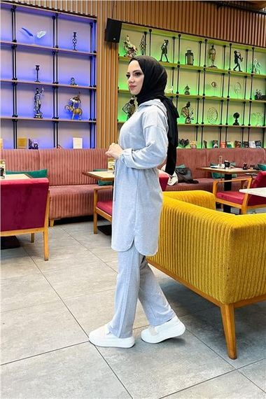 Kapşonlu Fermuarlı Belden Bağlamalı Sade Basic İkili Spor Takımı - 03070 - Gri - fotoğraf 5