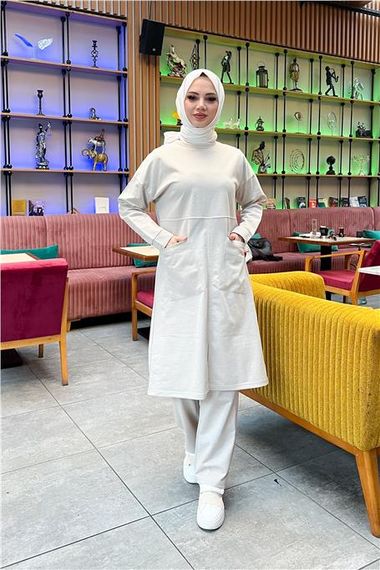 طقم بنطال تونيك طويل سادة أساسي رياضي مزدوج مع جيبين أماميين - 03067 - إكرو - صورة 4