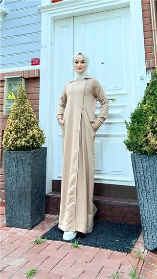 Платье с полузастежкой Öykü, длинное, в цвете беж, размеры 38-46, коллекция 2023 лето, бренд Bwest - фото 2