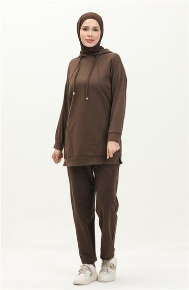 Hooded O-neck Plain Basic Tracksuit Sports Set - Brown - AK06006.03039 - photo 2