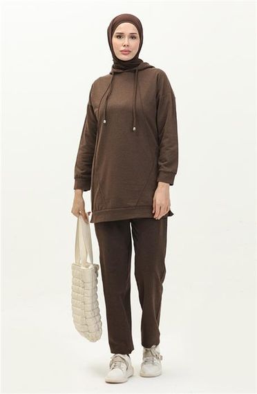 Hooded O-neck Plain Basic Tracksuit Sports Set - Brown - AK06006.03039 - photo 1