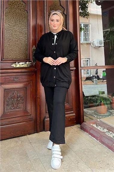 Double Plain Basic Tracksuit Sports Set with Snaps and Side Pockets - Black - AK06006.12009 - photo 3