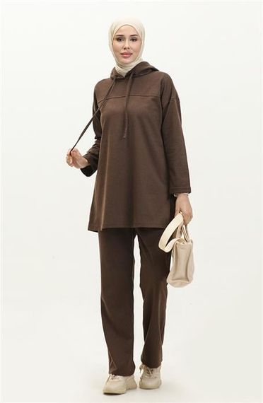 Kapşonlu Sweat Eşofman Sade Basic Spor Takım - 03056 - Kahverengi - photo 1