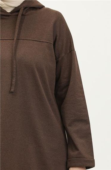 Kapşonlu Sweat Eşofman Sade Basic Spor Takım - 03056 - Kahverengi - photo 4