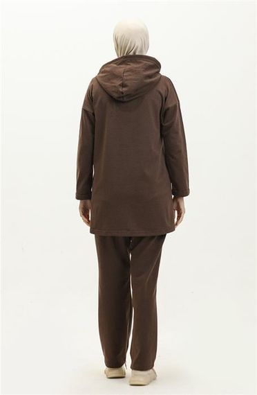 Kapşonlu Sweat Eşofman Sade Basic Spor Takım - 03056 - Kahverengi - photo 5
