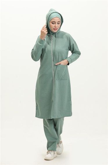 بدلة رياضية مزدوجة بغطاء رأس وسحاب وفتحة طويلة - 03055 - أخضر - صورة 2