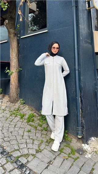 Fermuarlı Uzun Tunik Pantolon Spor İkili Takım - 03058 - Gri - fotoğraf 2