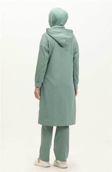 بدلة رياضية مزدوجة بغطاء رأس وسحاب وفتحة طويلة - 03055 - أخضر - صورة 5