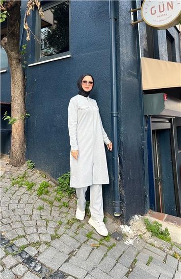 Fermuarlı Uzun Tunik Pantolon Spor İkili Takım - 03058 - Gri - fotoğraf 5