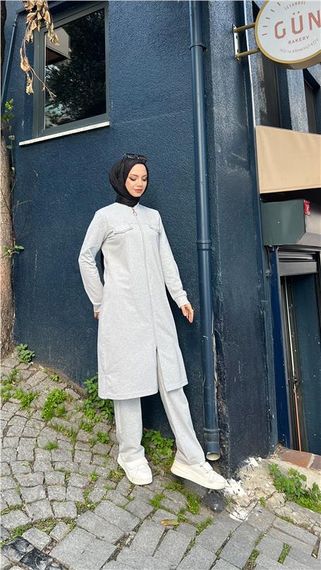 Fermuarlı Uzun Tunik Pantolon Spor İkili Takım - 03058 - Gri - fotoğraf 4