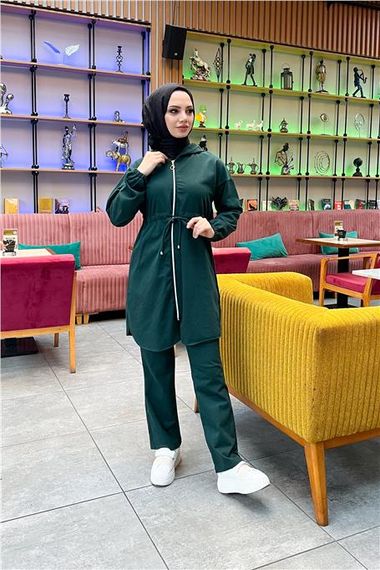 Костюм спорту з капюшоном та блискавкою, простий базовий, зав'язується на талії, колір нефритовий - фото 2