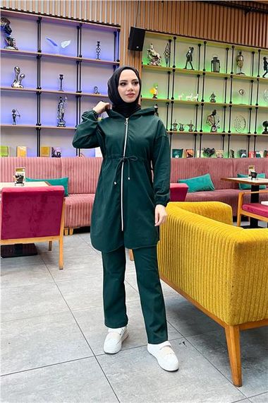 Костюм спорту з капюшоном та блискавкою, простий базовий, зав'язується на талії, колір нефритовий - фото 4