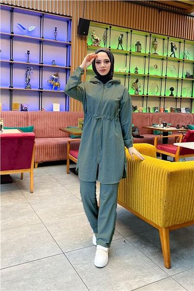 طقم رياضي أساسي مكون من قطعتين مزود بغطاء للرأس وسحاب وخصر مربوط - 03070 - كاكي - صورة 3