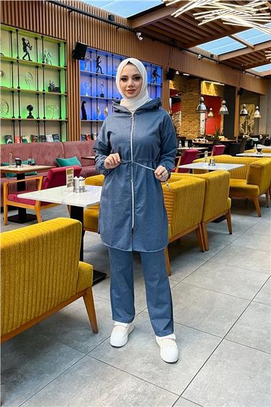 Спортивний комплект зі капюшоном, замком і поясом - базовий, простий, індиго, 80% бавовна, підходить для використання в будь-який сезон - фото 1