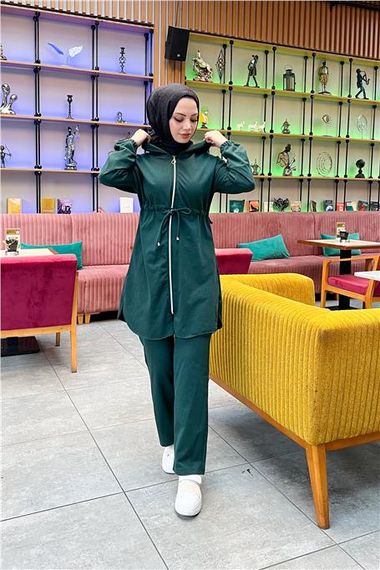 Костюм спорту з капюшоном та блискавкою, простий базовий, зав'язується на талії, колір нефритовий - фото 3