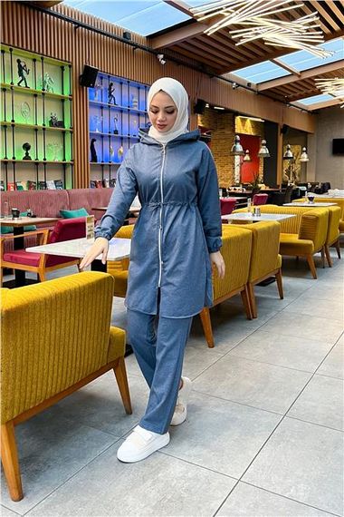 Спортивний комплект зі капюшоном, замком і поясом - базовий, простий, індиго, 80% бавовна, підходить для використання в будь-який сезон - фото 5