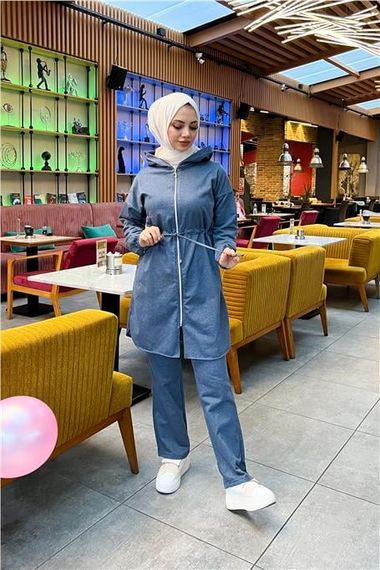 Спортивний комплект зі капюшоном, замком і поясом - базовий, простий, індиго, 80% бавовна, підходить для використання в будь-який сезон - фото 2