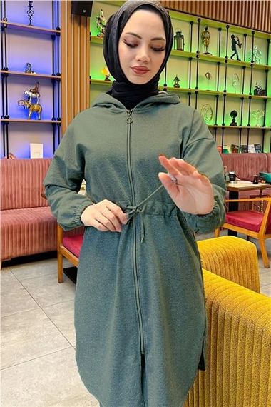 طقم رياضي أساسي مكون من قطعتين مزود بغطاء للرأس وسحاب وخصر مربوط - 03070 - كاكي - صورة 5