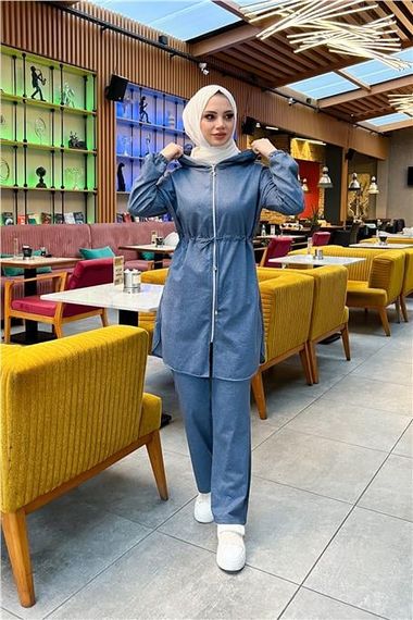 Спортивний комплект зі капюшоном, замком і поясом - базовий, простий, індиго, 80% бавовна, підходить для використання в будь-який сезон - фото 4