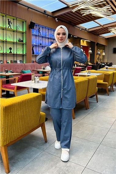 Спортивний комплект зі капюшоном, замком і поясом - базовий, простий, індиго, 80% бавовна, підходить для використання в будь-який сезон - фото 3