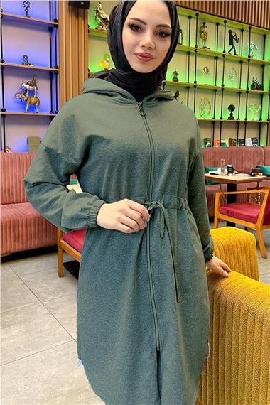 طقم رياضي أساسي مكون من قطعتين مزود بغطاء للرأس وسحاب وخصر مربوط - 03070 - كاكي - صورة 4