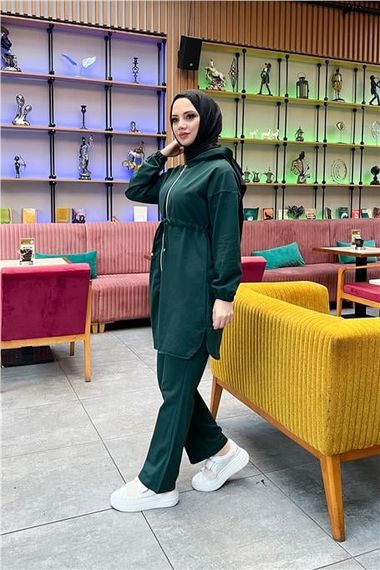 Костюм спорту з капюшоном та блискавкою, простий базовий, зав'язується на талії, колір нефритовий - фото 5