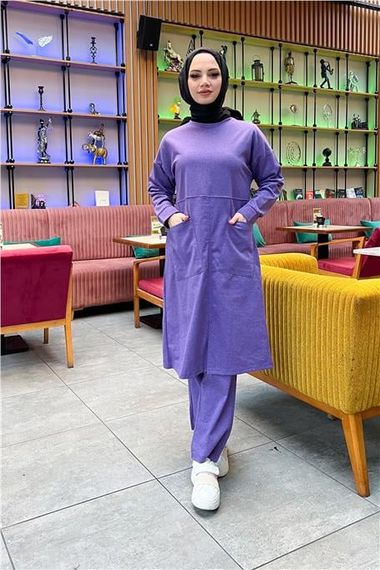 Plain Basic Long Tunic Trousers Double Sports Set with Two Front Pockets - 03067 - Dark Lilac - photo 1