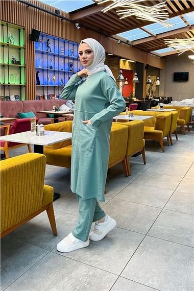 طقم رياضي أساسي طويل تونيك وبنطلون قطعتين رياضي بجيبين أماميين - 03067 - أخضر - صورة 4