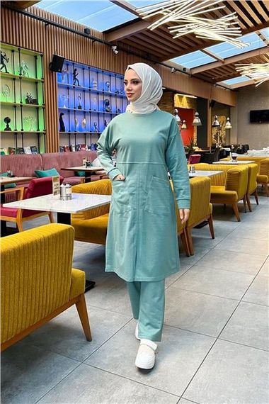 طقم رياضي أساسي طويل تونيك وبنطلون قطعتين رياضي بجيبين أماميين - 03067 - أخضر - صورة 3