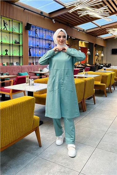 طقم رياضي أساسي طويل تونيك وبنطلون قطعتين رياضي بجيبين أماميين - 03067 - أخضر - صورة 2