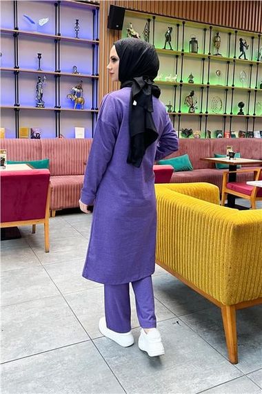 Plain Basic Long Tunic Trousers Double Sports Set with Two Front Pockets - 03067 - Dark Lilac - photo 5