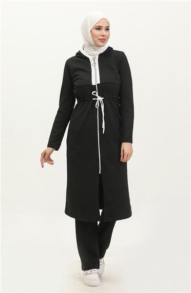 Капюшонный спортивный костюм с молнией и поясом, черный, базовый, из двух частей, размер 38-46 - фото 1